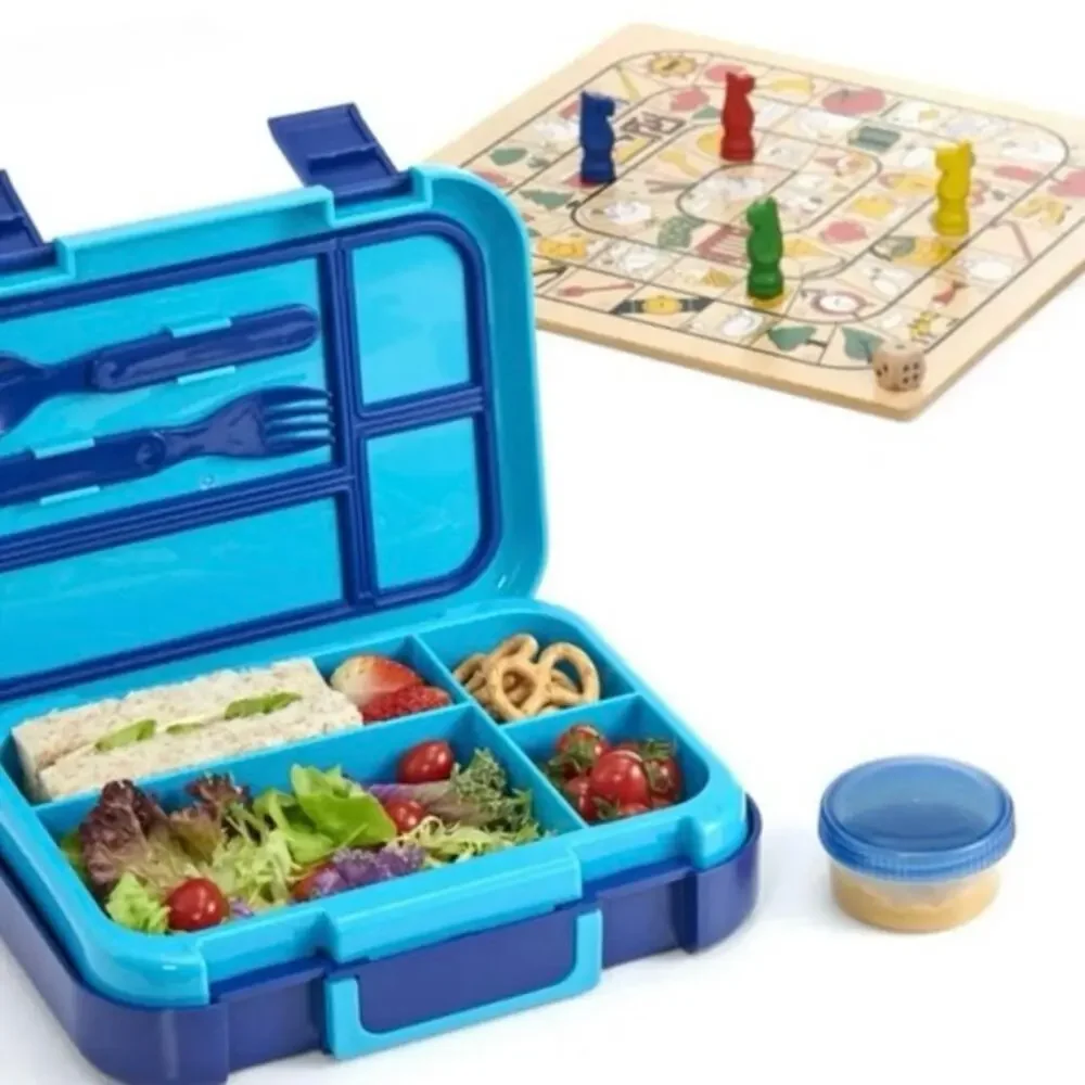 Your Zone Blue Bento Lunch Box with Utensils Condiment Container Dishwasher Safe